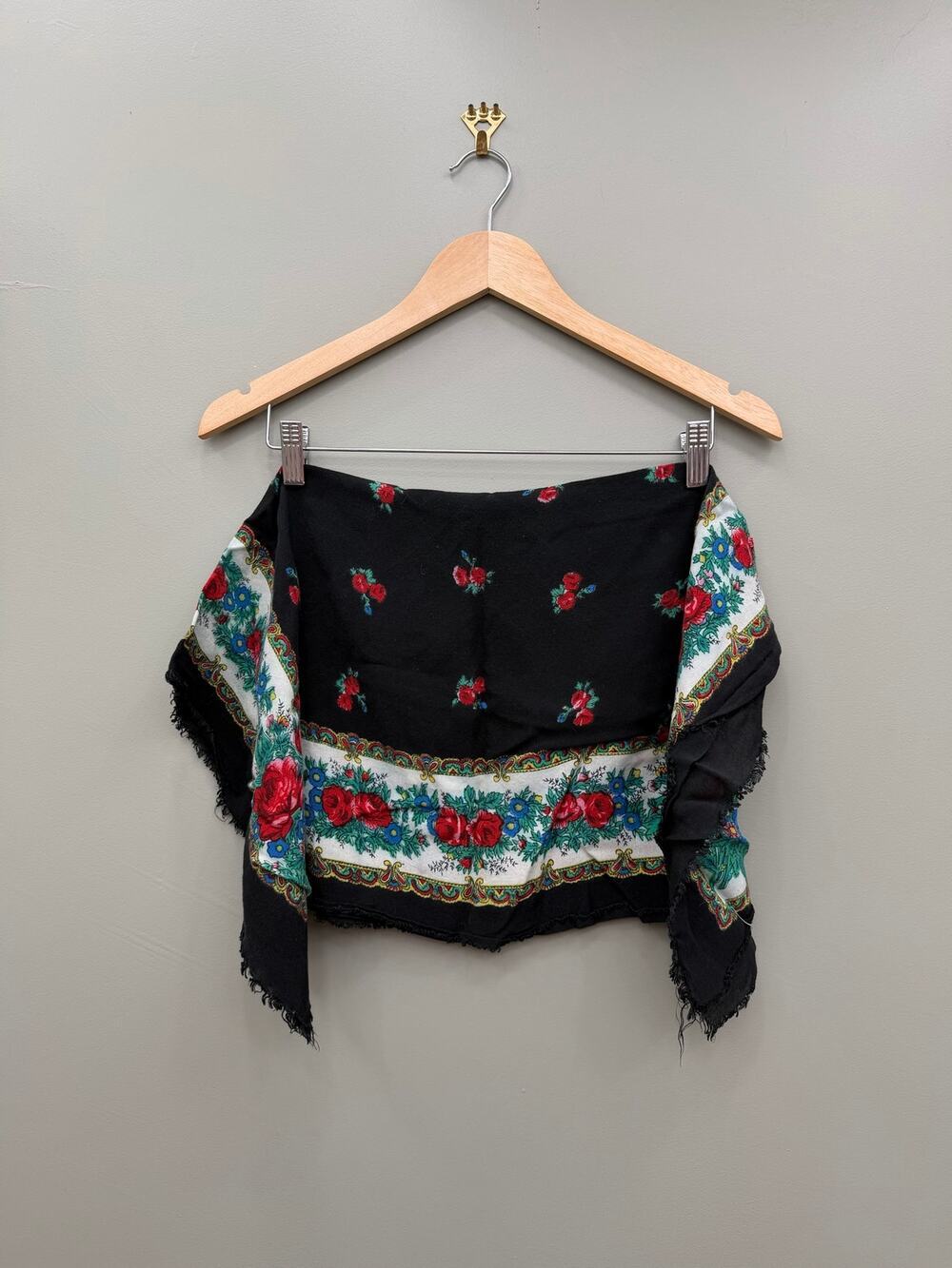 Vintage Black Floral Rose Fringe Scarf Shawl Wrap 29x29 Boho Cottagecore